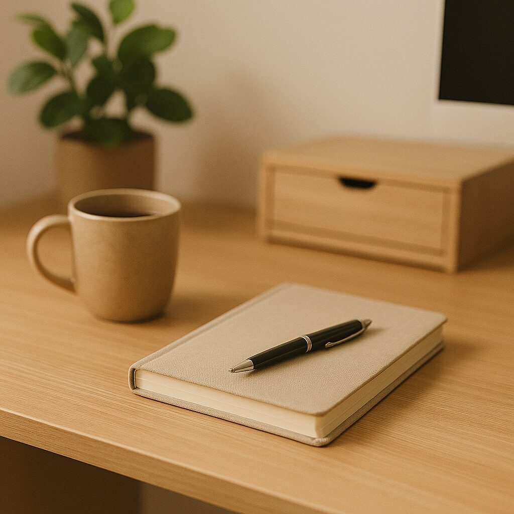 A beige notebook with a black pen rests on a wooden desk. Nearby are a tan coffee mug, a small green potted plant, a drawer unit, and part of a computer monitor, creating a calm workspace scene.