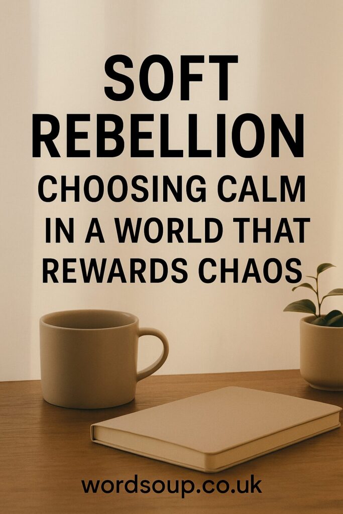 A notebook, mug, and plant sit on a wooden table in soft light. Overlaid text reads: SOFT REBELLION Choosing calm in a world that rewards chaos. wordsoup.co.uk.