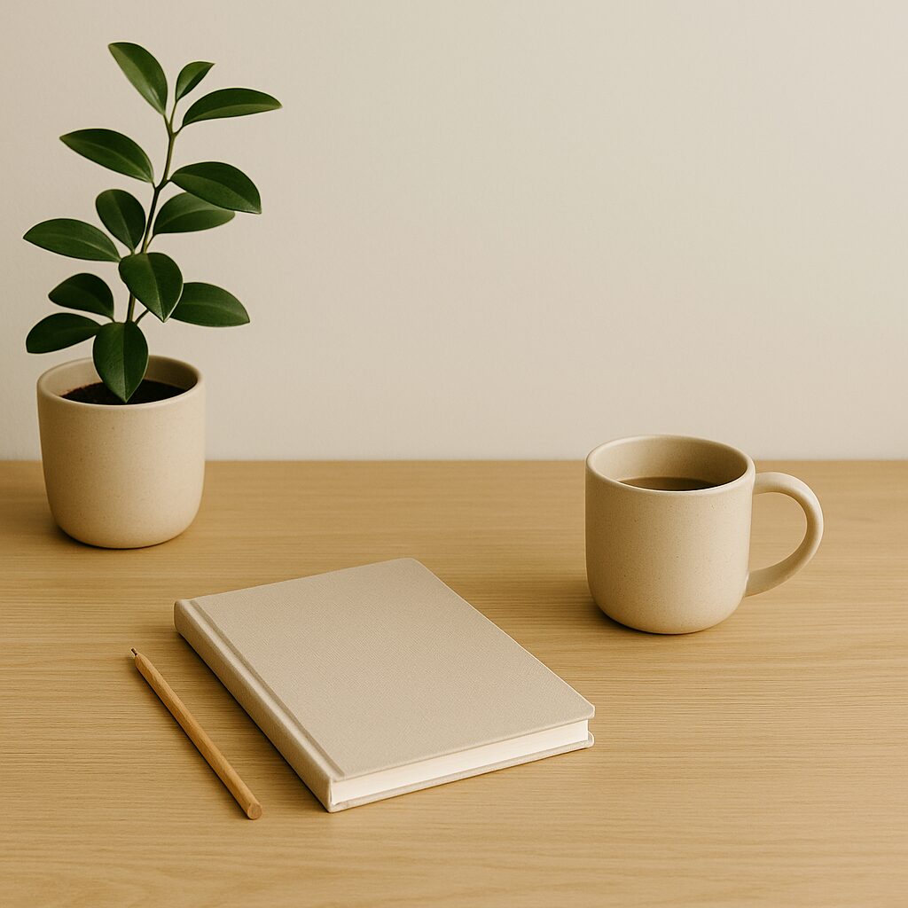 A beige notebook, a pencil, a beige coffee mug, and a small potted plant sit on a light wooden desk against a plain off-white background.