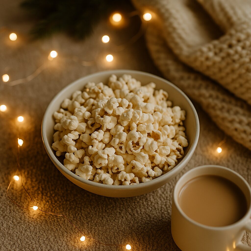A bowl of popcorn and a cup of coffee or tea sit on a cosy surface with warm fairy lights and a knitted blanket in the background, creating a soft, inviting atmosphere.