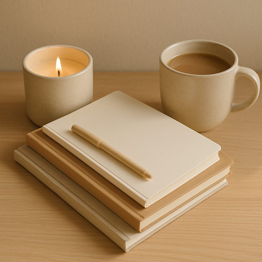 A stack of three neutral-coloured notebooks with a matching pen on top sits on a wooden surface, next to a beige mug of coffee and a lit beige candle. The scene is calm and minimalistic.