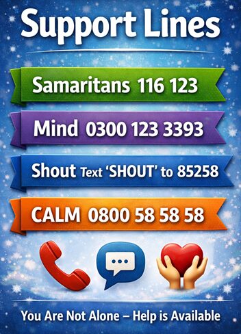 A poster listing mental health support lines: Samaritans 116 123, Mind 0300 123 3393, Shout text ‘SHOUT’ to 85258, CALM 0800 58 58 58. Includes icons of a phone, chat bubble, and hands holding a heart.