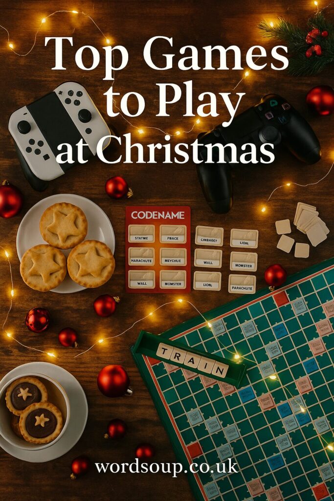 A festive scene with mince pies, two game controllers, Codename tiles, a Scrabble board, Christmas baubles, and fairy lights. Text reads: Top Games to Play at Christmas. wordsoup.co.uk.