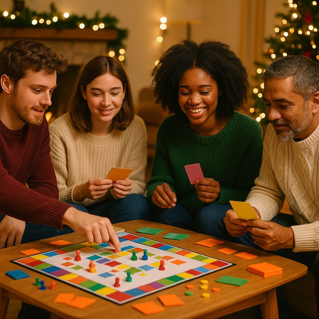 Four adults sit around a table playing a colourful board game, each holding coloured cards. They are smiling and engaged, with festive holiday lights and a decorated Christmas tree in the background.