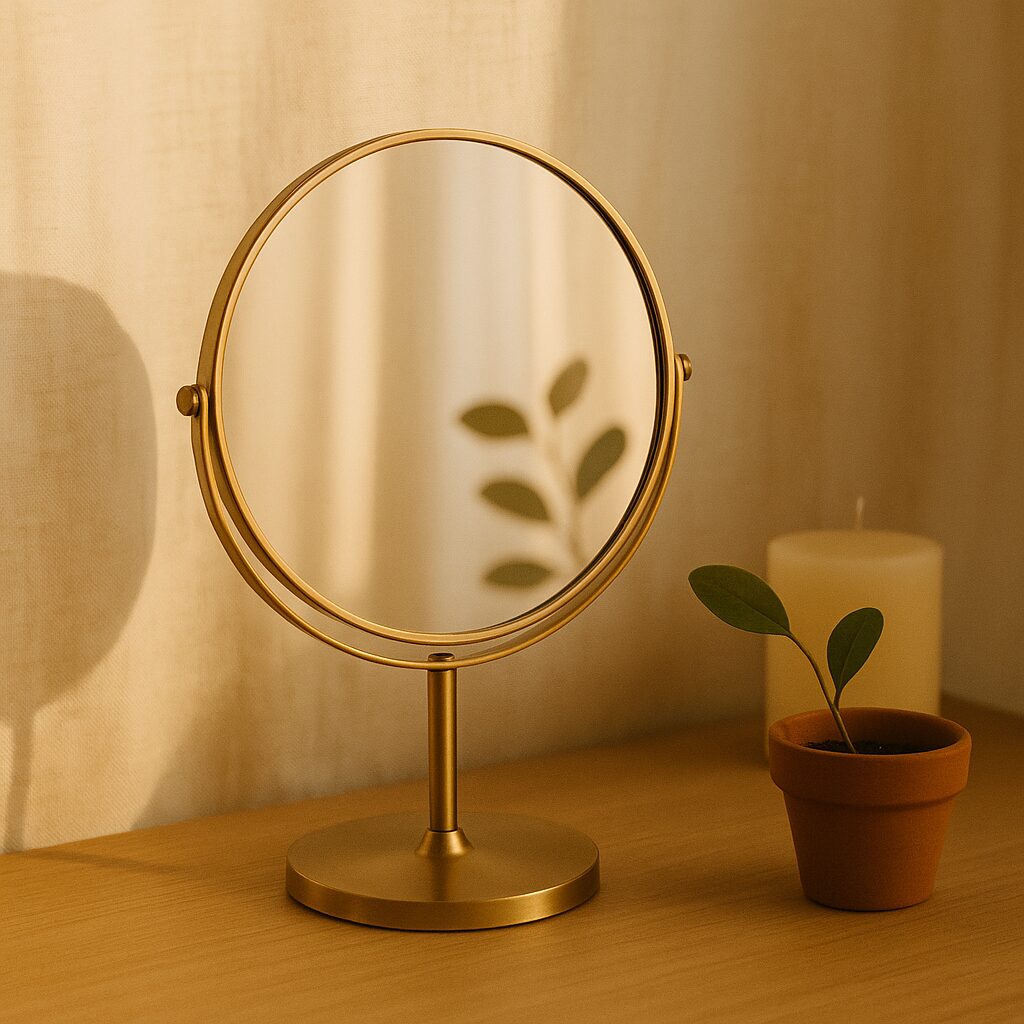 A round tabletop mirror with a gold frame reflects the shadow of a leafy plant. Next to the mirror, there is a small potted plant and an unlit candle on a wooden surface in warm, soft lighting.