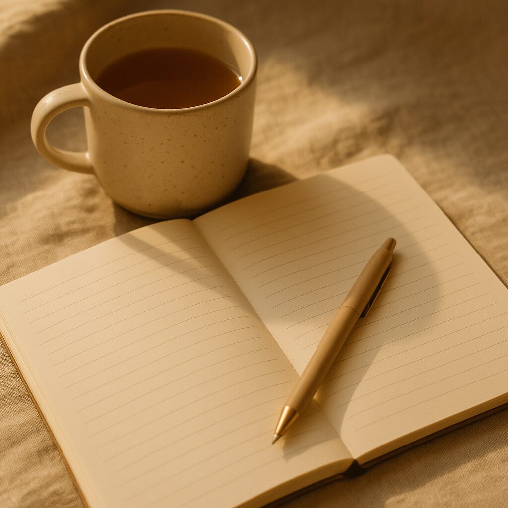 A beige ceramic mug filled with tea sits next to an open lined notebook with a gold pen resting on its pages, all placed on a softly lit tan fabric surface.
