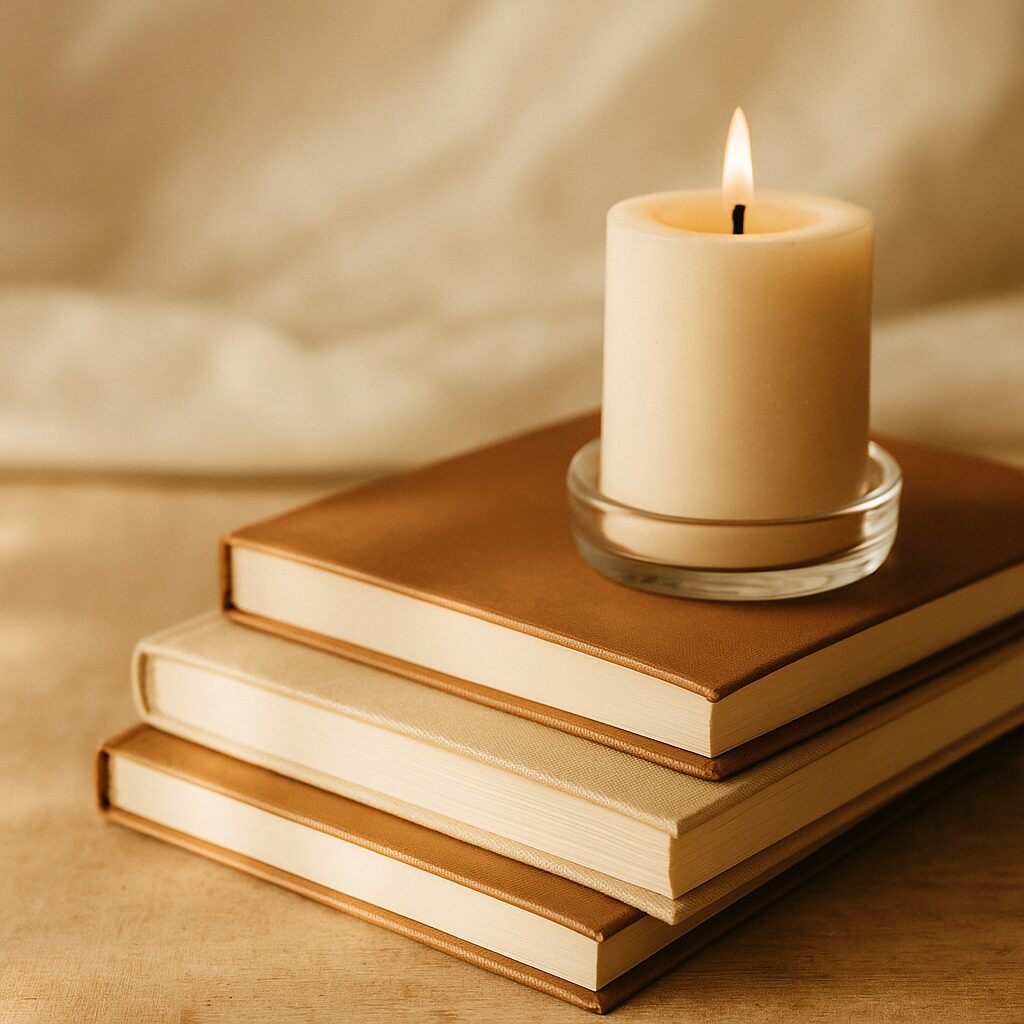 A lit beige pillar candle in a glass holder sits on top of a stack of three closed hardback books with neutral-coloured covers, set on a light brown surface with a soft, warm background.