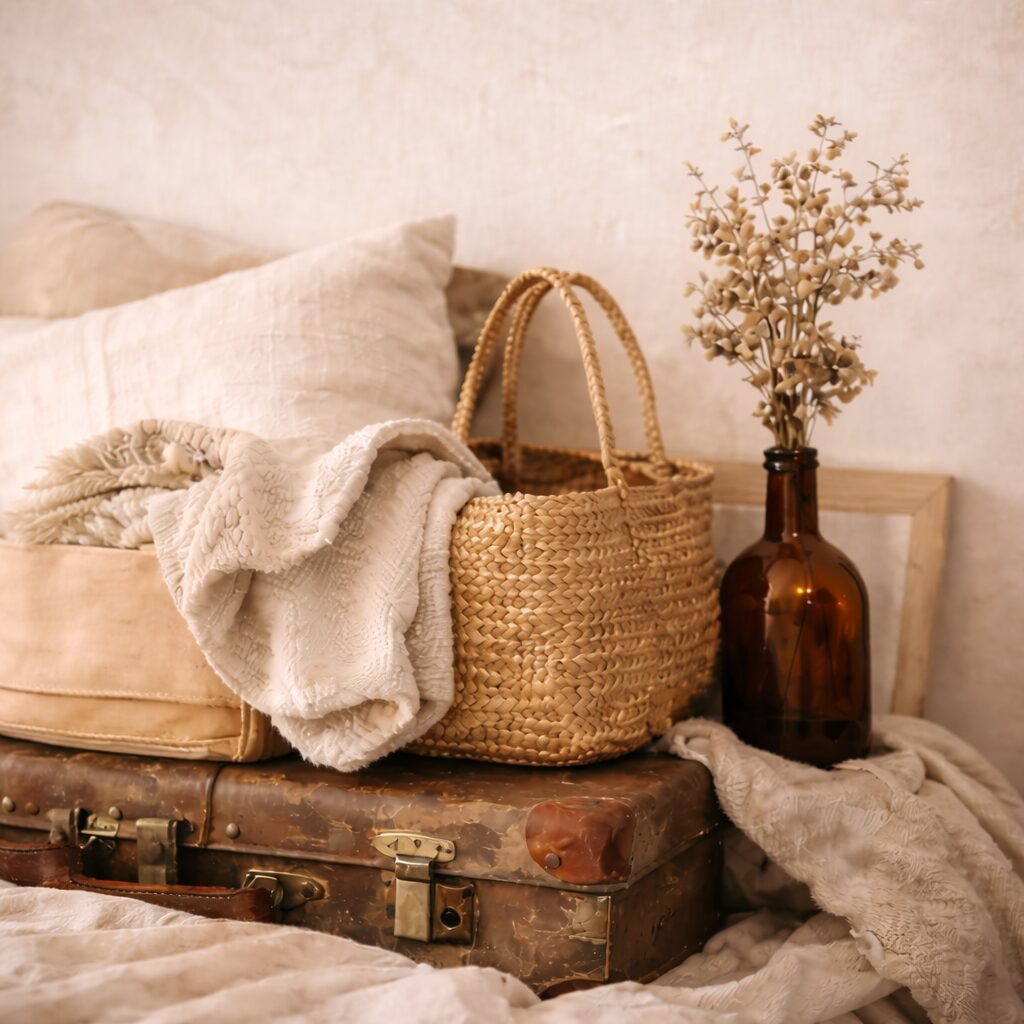 A cosy scene with a woven basket, beige blanket, and brown glass vase with dried flowers arranged on a vintage suitcase, all set against neutral-toned cushions and soft fabric.