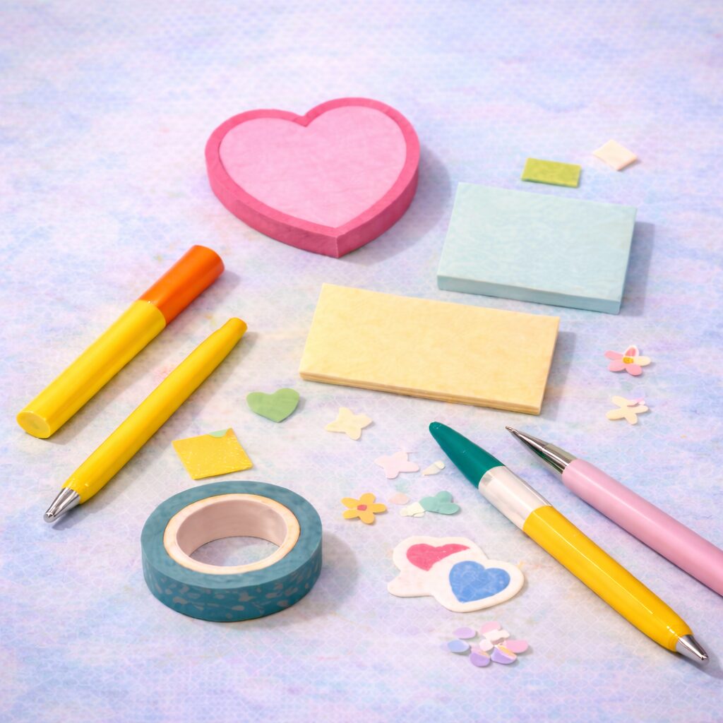 Colourful stationery items including pens, markers, sticky notes, heart-shaped notepad, washi tape, and decorative stickers are arranged on a pastel-coloured surface.