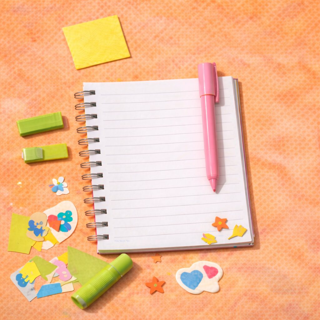 A spiral notebook with lined pages lies open on an orange surface. A pink pen rests on top. Colourful paper scraps, rubbers, and decorative stickers surround the notebook.
