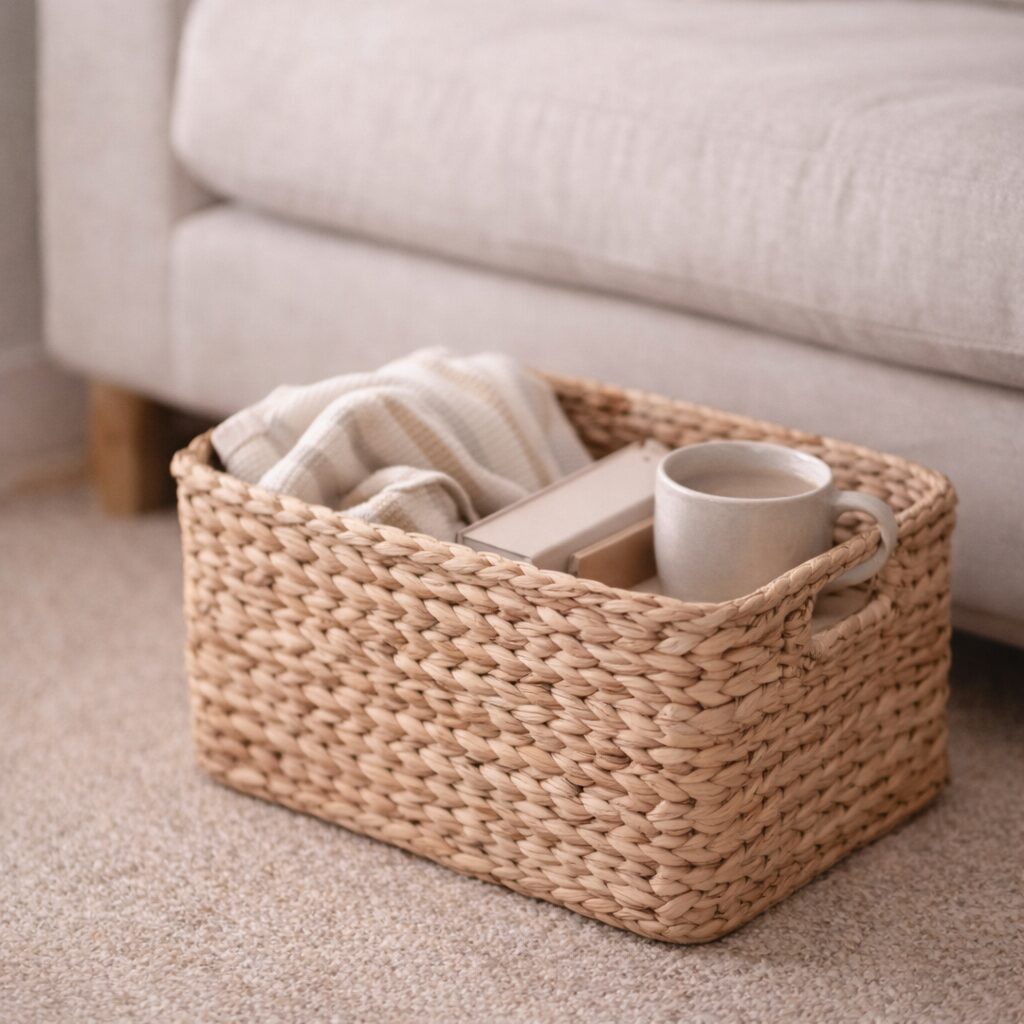 A woven wicker basket on a carpeted floor beside a beige sofa, containing a striped blanket, a closed book, and a light grey ceramic mug.