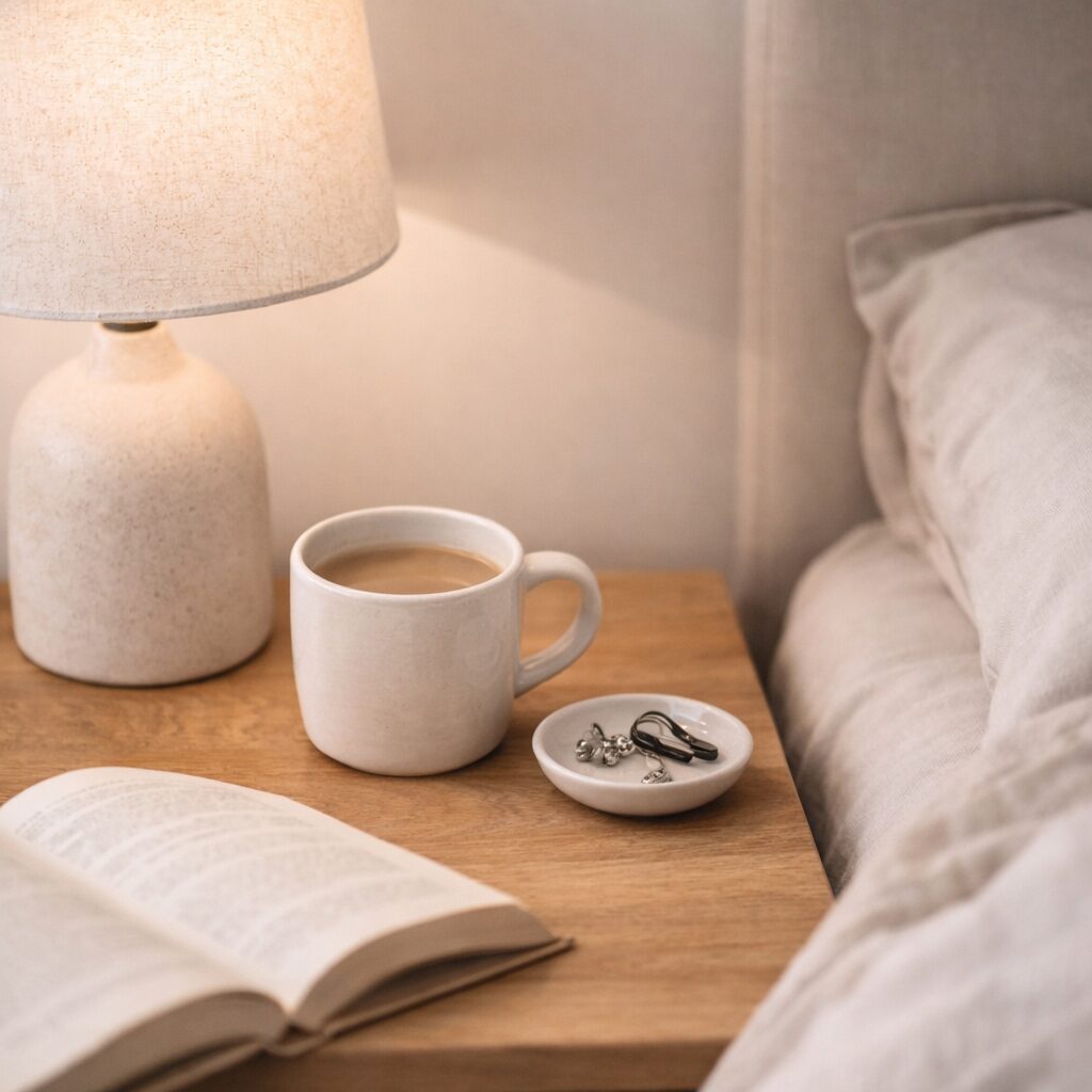 A cosy bedside scene with a beige lamp, a white mug of coffee, a small dish holding jewellery and a key, an open book, and a neatly made bed with light bedding.