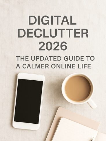 A smartphone, a cup of coffee, and a notepad with a pen on a light surface. Text above reads: DIGITAL DECLUTTER 2026: THE UPDATED GUIDE TO A CALMER ONLINE LIFE.