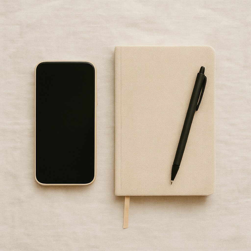 A smartphone and a closed beige notebook with a ribbon bookmark are placed side by side on a light fabric surface. A black pen rests diagonally on top of the notebook.