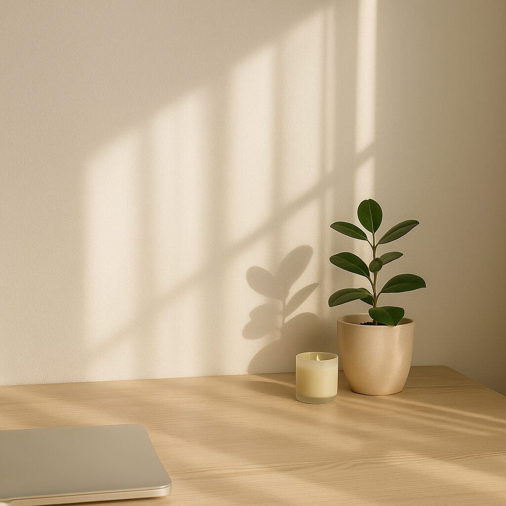 A minimal desk setup with a closed laptop, a small potted plant, and a candle on a wooden surface. Soft sunlight streams through a window, casting shadows on the wall.