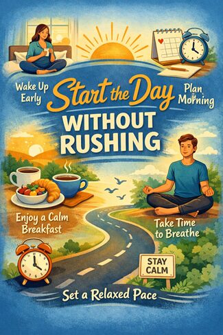 Illustration showing tips to start the day without rushing: wake up early, plan morning, enjoy a calm breakfast, take time to breathe, and set a relaxed pace, with calm images of people, clocks, food, and nature.