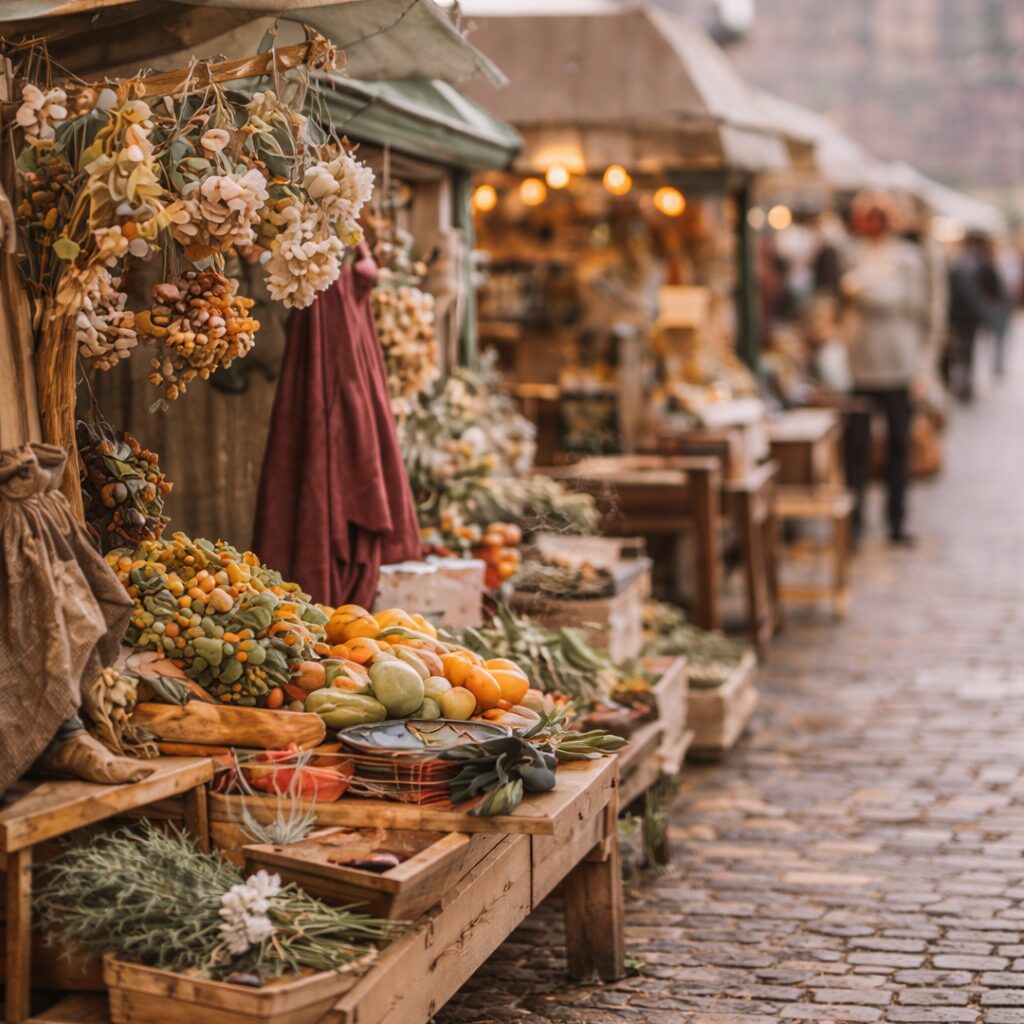 A rustic outdoor market with wooden stalls displays fresh fruit, vegetables, dried herbs, and hanging floral arrangements. People browse the stalls along a cobbled street under soft, warm lighting.