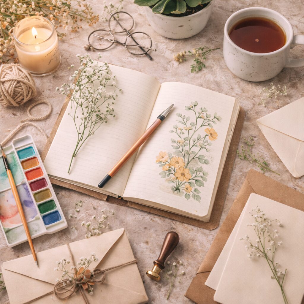 An open notebook with floral sketches and a pen, surrounded by watercolour paints, a cup of tea, dried flowers, a candle, envelopes, twine, and a wax seal stamp on a rustic tabletop.