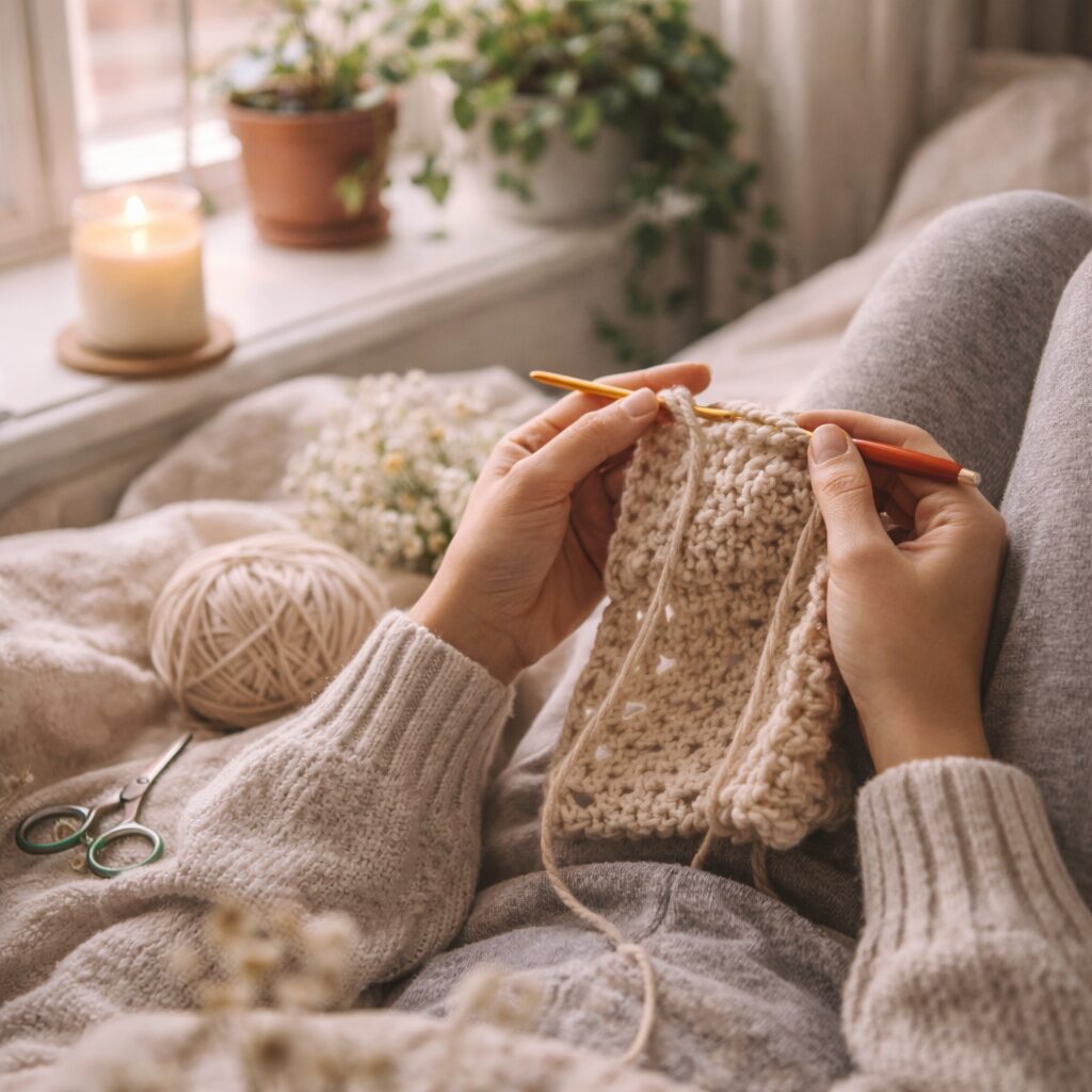 A person in cosy clothes crochets a beige piece whilst sitting on a bed. A ball of wool, scissors, and a lit candle are nearby, with plants and soft natural light coming through a window in the background.