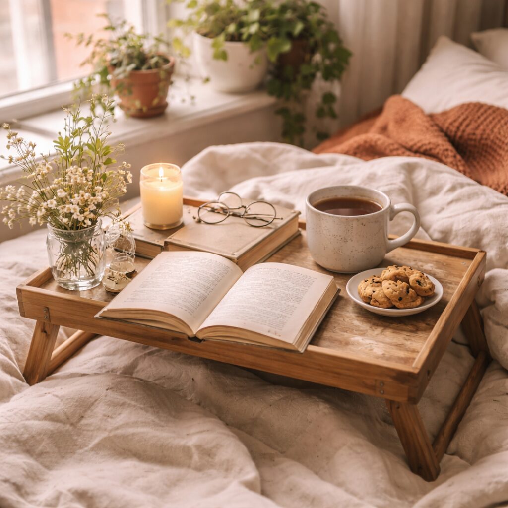 A cosy breakfast tray on a bed holds an open book, a cup of coffee, a plate of biscuits, a lit candle, a small vase of flowers, a pair of spectacles, and a notebook, with plants by a sunlit window in the background.