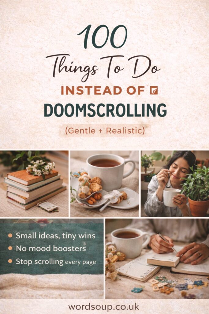 A collage with text “100 Things To Do Instead of Doomscrolling (Gentle + Realistic),” showing books, tea, flowers, a woman drinking tea, and someone journalling. Bottom text: “wordsoop.co.uk”.