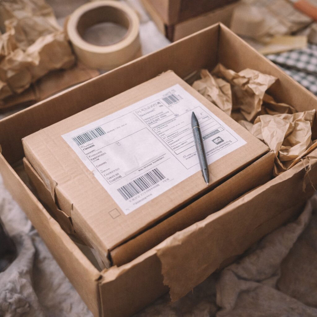 A cardboard shipping box with a labelled parcel and a pen inside, surrounded by crumpled packing paper. Tape and other packing materials are visible in the background.