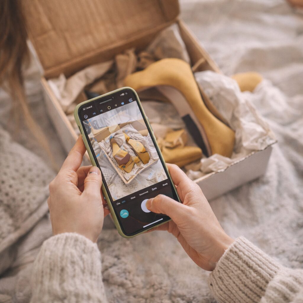 A person holding a mobile phone takes a photo of yellow high-heeled shoes in a box, with tissue paper inside, while sitting on a soft surface.