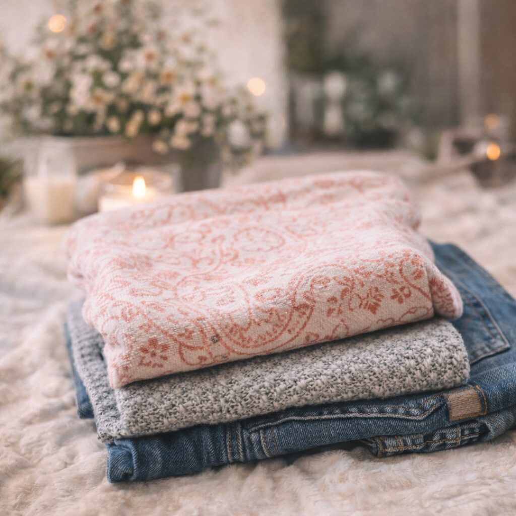 A stack of folded clothes—pink patterned jumper, grey knitted jumper, and blue jeans—rests on a soft, textured surface, with candles and flowers softly blurred in the background.