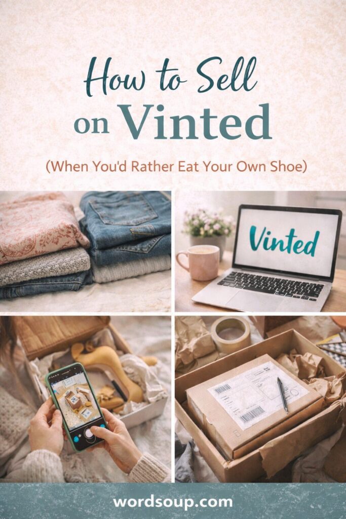 Collage showing folded clothes, a laptop with Vinted on screen, someone photographing shoes with a mobile, and a box ready to post. Text reads: “How to Sell on Vinted (When You’d Rather Eat Your Own Shoe)”.