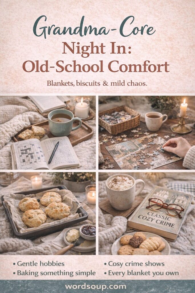A cosy scene with blankets, tea, scones, a puzzle, and a book titled Classic Cosy Crime. Text reads: Grandma-Core Night In: Old-School Comfort. Blankets, biscuits & mild chaos, with hobby and comfort suggestions.