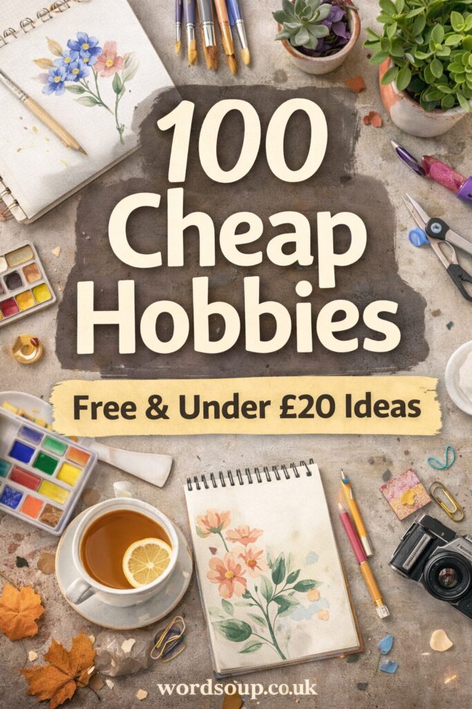 A flat lay of art supplies, a cup of tea with lemon, plants, and a camera surrounds the text “100 Cheap Hobbies: Free & Under £20 Ideas” on a rustic surface. A sketchbook with a flower drawing is also visible.