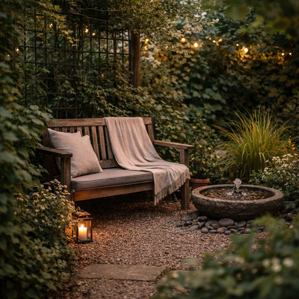 A cosy wooden bench with cushions and a blanket sits in a lush garden, next to a stone fountain and a lit lantern. Fairy lights hang above, creating a warm, inviting atmosphere among green plants and gravel paths.