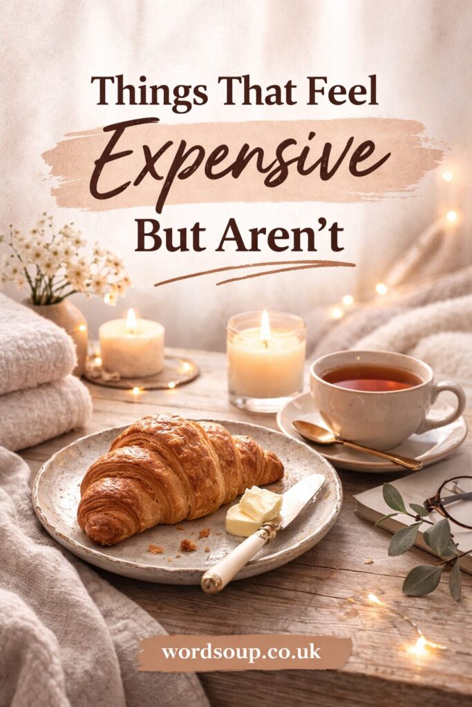 A croissant with butter sits on a plate beside a cup of tea, gold spoon, and notepad. Candles, flowers, and cosy blankets create a warm, inviting atmosphere. The text says: “Things That Feel Expensive But Aren’t.”.