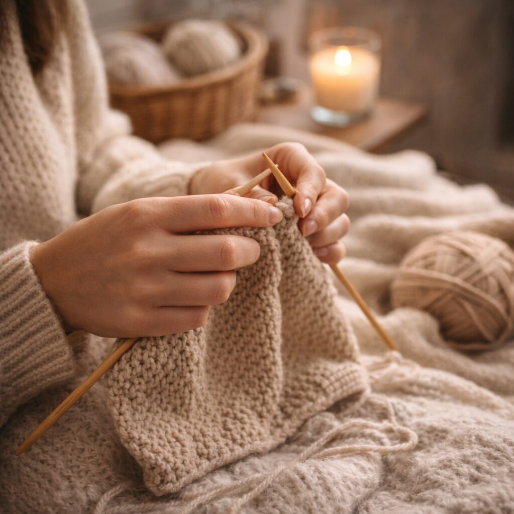 Close-up of a person’s hands knitting with wooden needles and beige wool, surrounded by cosy blankets, a basket of wool, and a lit candle in a warm, softly lit setting.