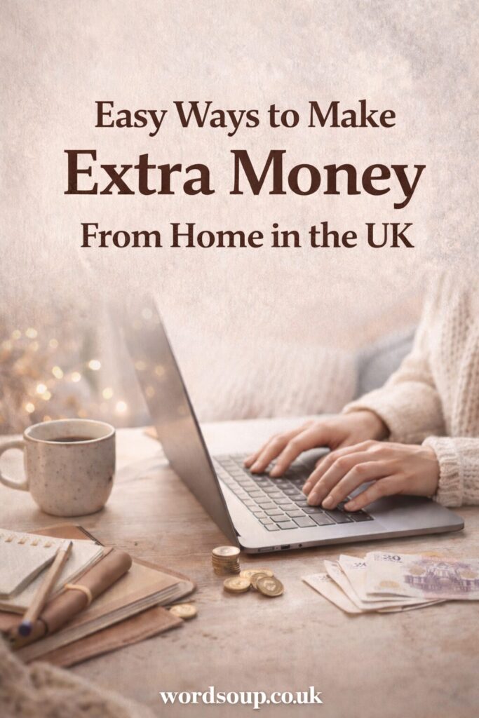 A person typing on a laptop at a cosy desk with a mug, notepad, pen, and coins. Text reads: Easy Ways to Make Extra Money From Home in the UK. Website: wordsoup.co.uk.
