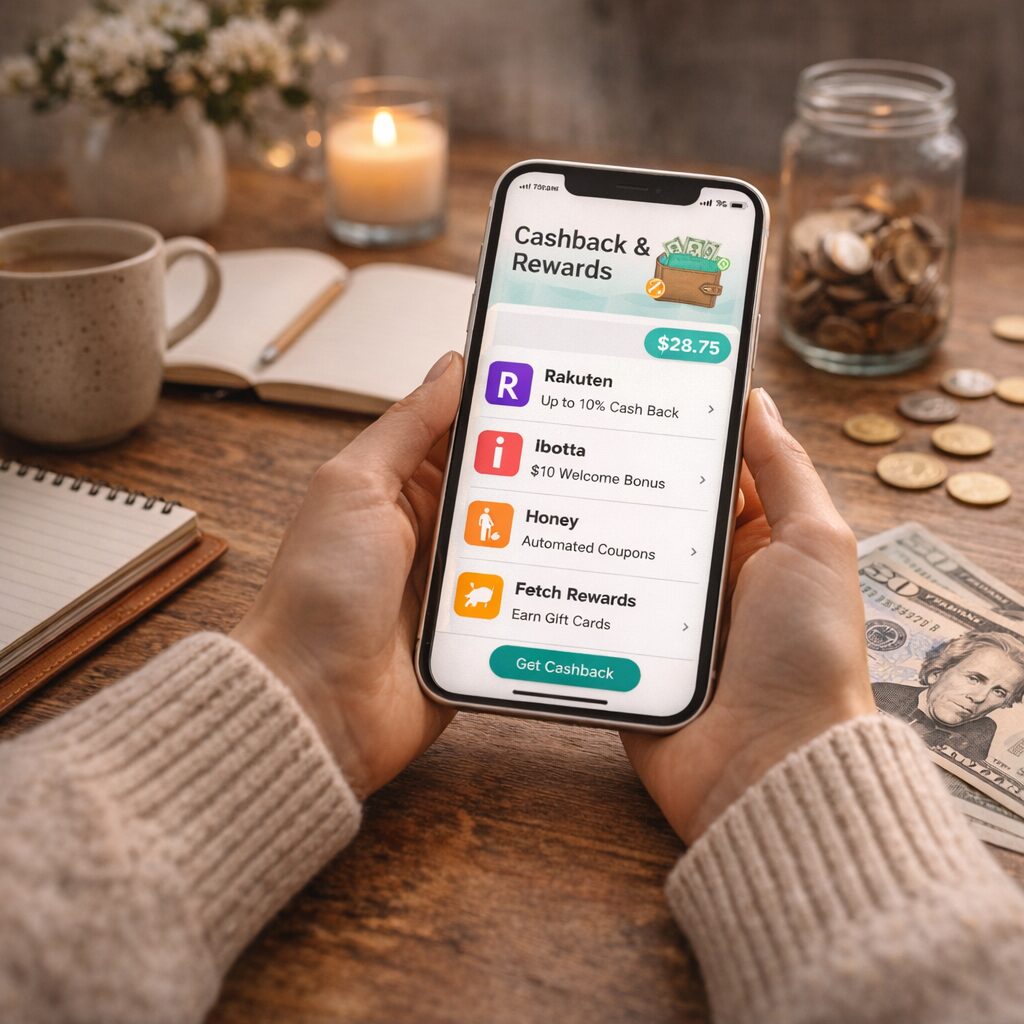 A person holding a mobile phone displaying a cashback and rewards app, with options like Rakuten, Ibotta, Honey, and Fetch Rewards. The background includes a notebook, coins, a candle, and a £100 note on a wooden table.