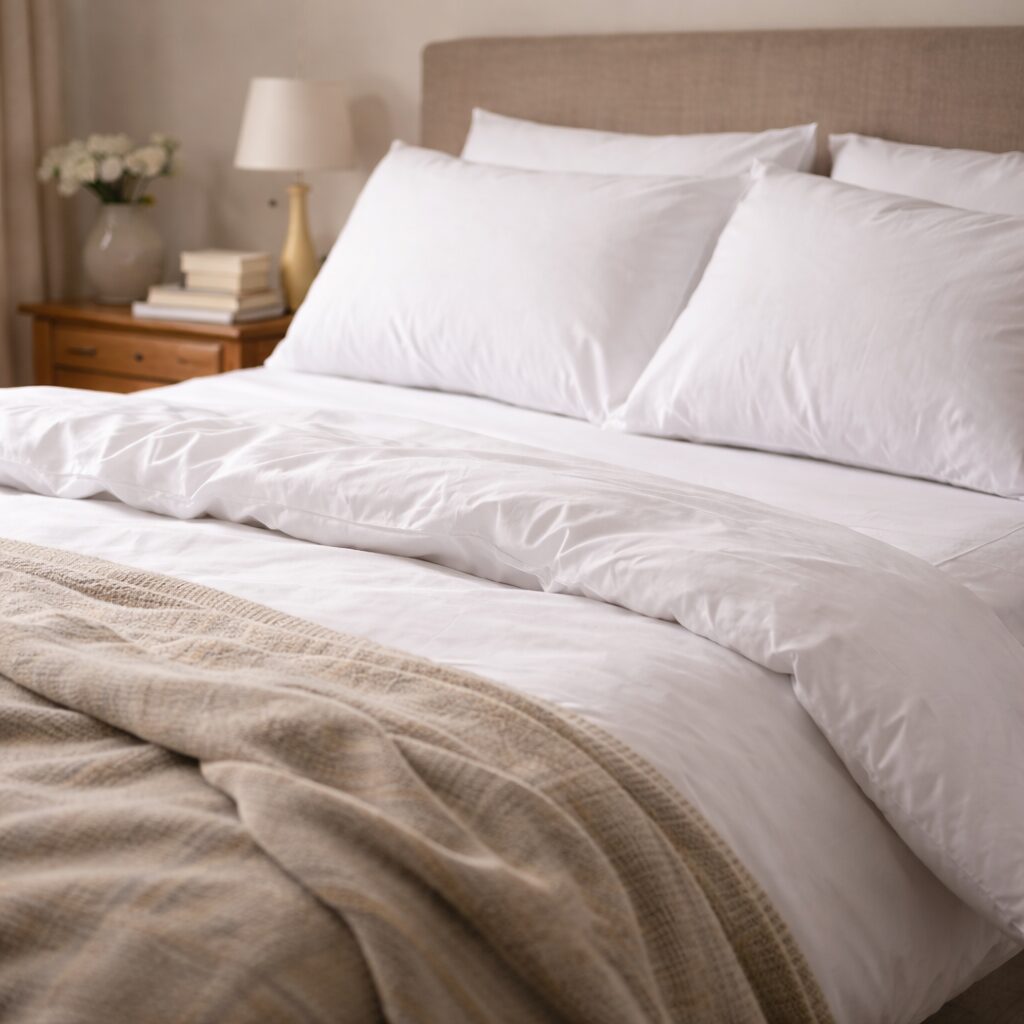A neatly made bed with white pillows and bedding, topped with a beige blanket. A wooden bedside table with books, a lamp, and a vase of flowers sits beside the bed in a softly lit bedroom.