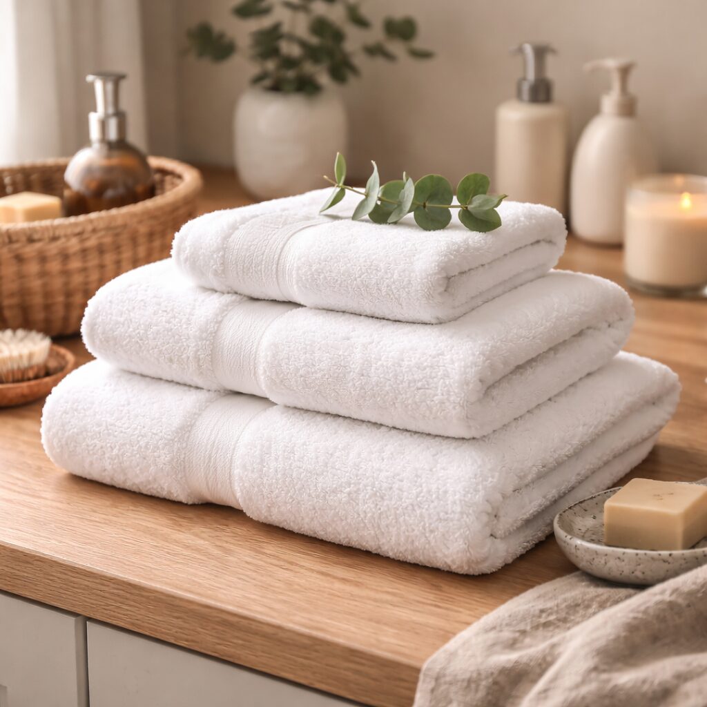 Three neatly folded white towels stacked on a wooden surface with a sprig of eucalyptus on top, surrounded by soap, a candle, and bath accessories in a cosy bathroom setting.