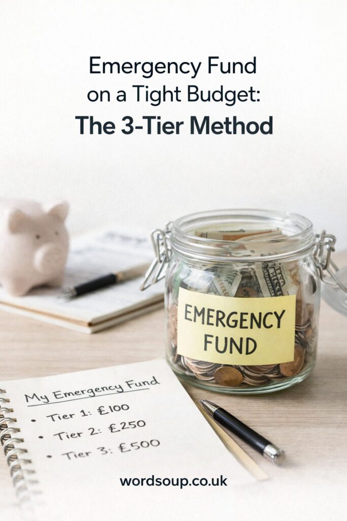 A glass jar labelled Emergency Fund filled with cash and coins sits next to a notepad listing three fund tiers, a black pen, and a piggy bank in the background. Text above reads “The 3-Tier Method” for emergency funds.