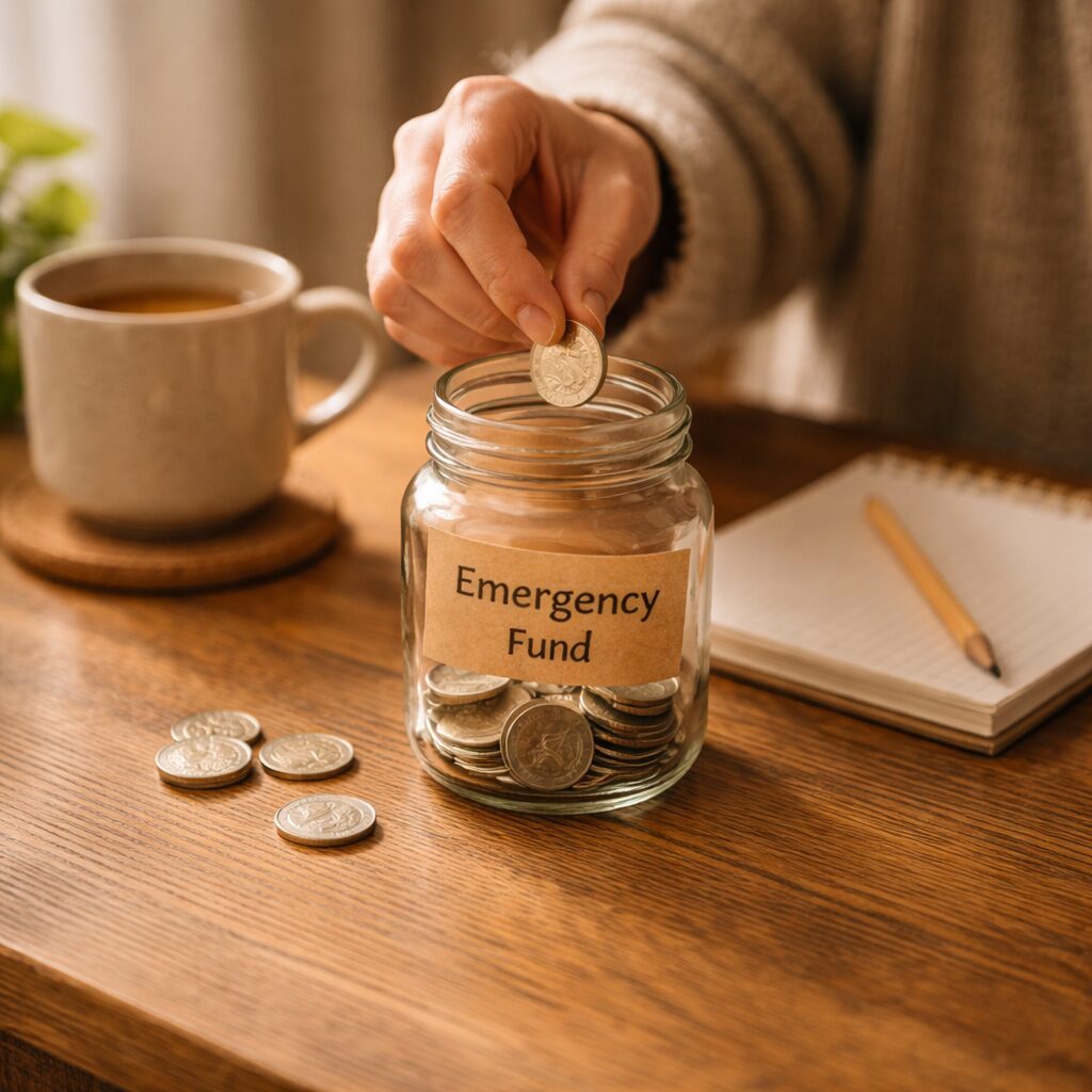 A person places a coin into a glass jar labelled Emergency Fund on a wooden table, with more coins nearby, a cup of coffee, and a notepad with a pencil in the background.