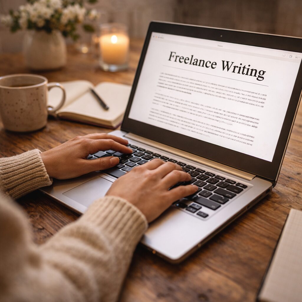 A person types on a laptop displaying a webpage titled Freelance Writing. The scene includes a notebook, pen, coffee mug, and candle on a wooden desk, creating a cosy work atmosphere.