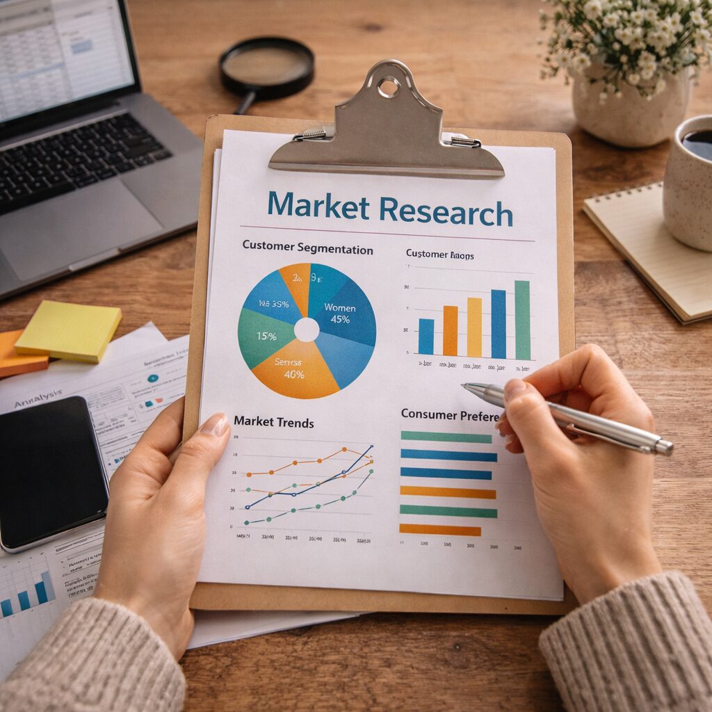 A person reviews a clipboard with a market research report showing charts and graphs on customer segmentation, market trends, and preferences. A laptop, mobile phone, papers, and a plant are on the wooden desk.