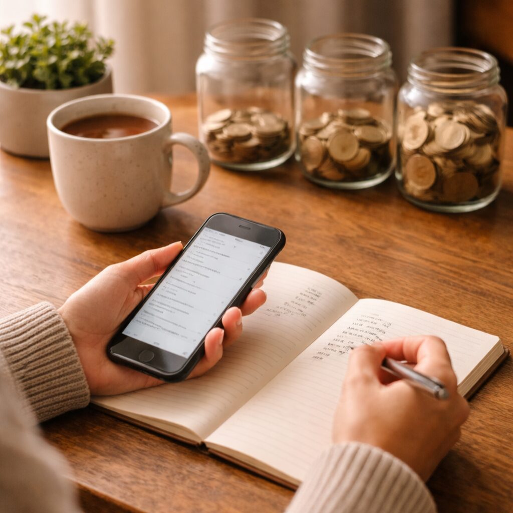 A person writes in a notebook while holding a mobile phone. A mug, three jars filled with coins, and a small potted plant sit on the wooden table. Warm light creates a cosy atmosphere.