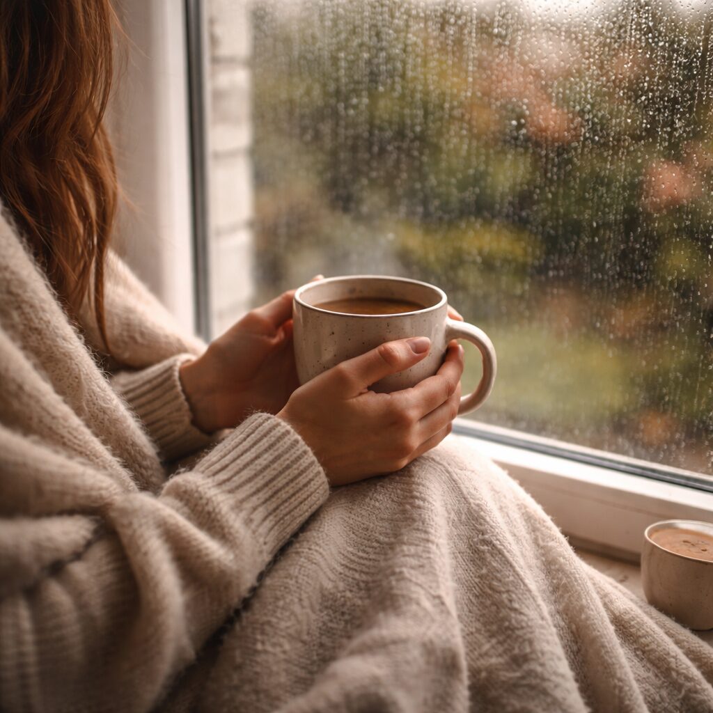 A person wrapped in a cosy blanket sits by a window on a rainy day, holding a mug of hot drink. Raindrops cover the glass, and there is another cup resting nearby.