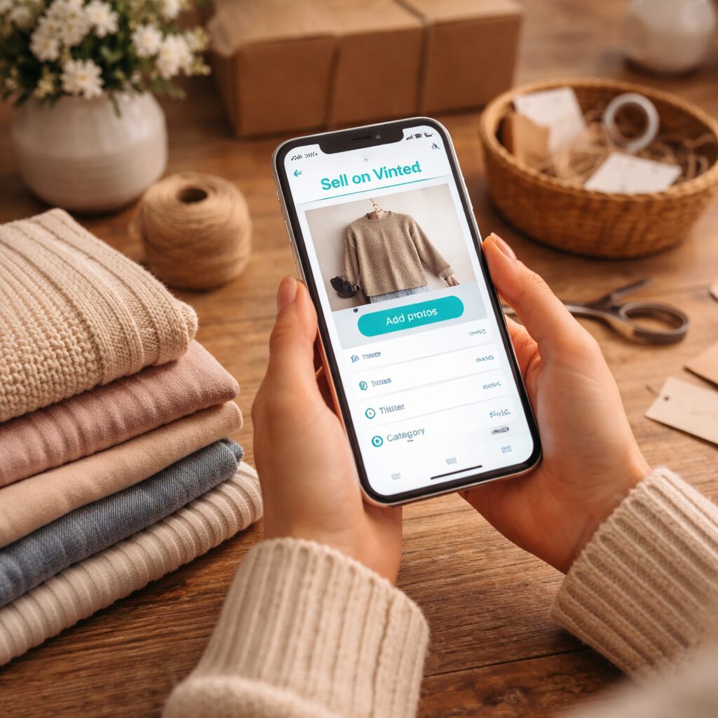 A person holding a mobile phone with the Vinted app open, preparing to sell a jumper. Folded jumpers, packaging materials, and a basket are on a wooden table in the background.