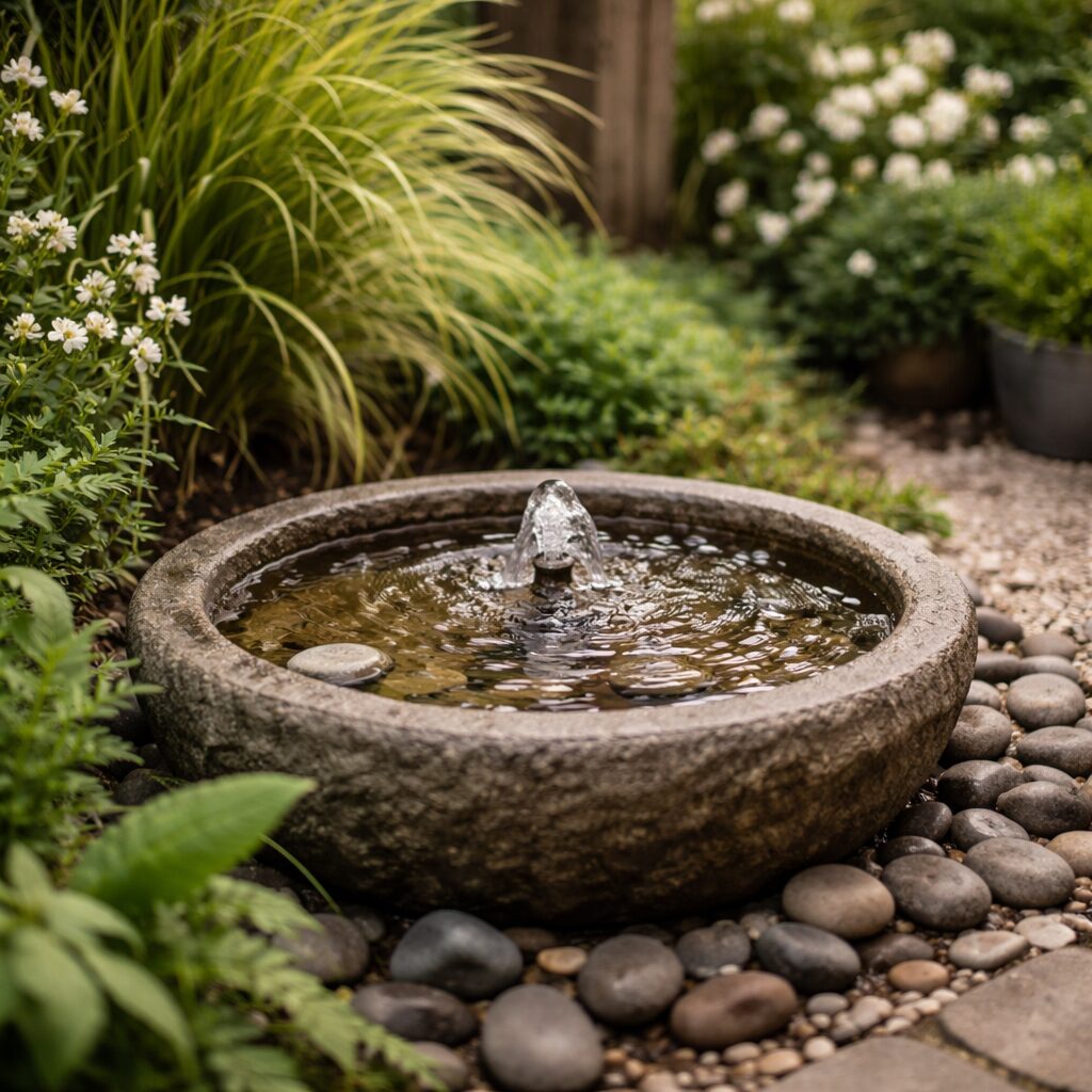 A small stone fountain with water bubbling in the centre, surrounded by smooth river rocks and lush green plants and white flowers in a garden setting.