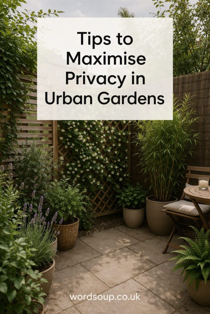 Urban garden with potted plants, tall wooden fences, and a small table with a cup, overlaid with text: Tips to Maximise Privacy in Urban Gardens. Website: wordsoup.co.uk.
