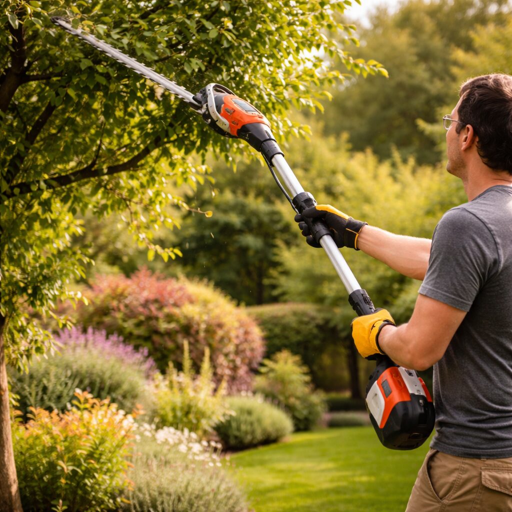 A man wearing gloves and safety glasses trims the upper branches of a tree using an electric pole saw in a well-maintained garden with green grass, shrubs, and flowering plants.