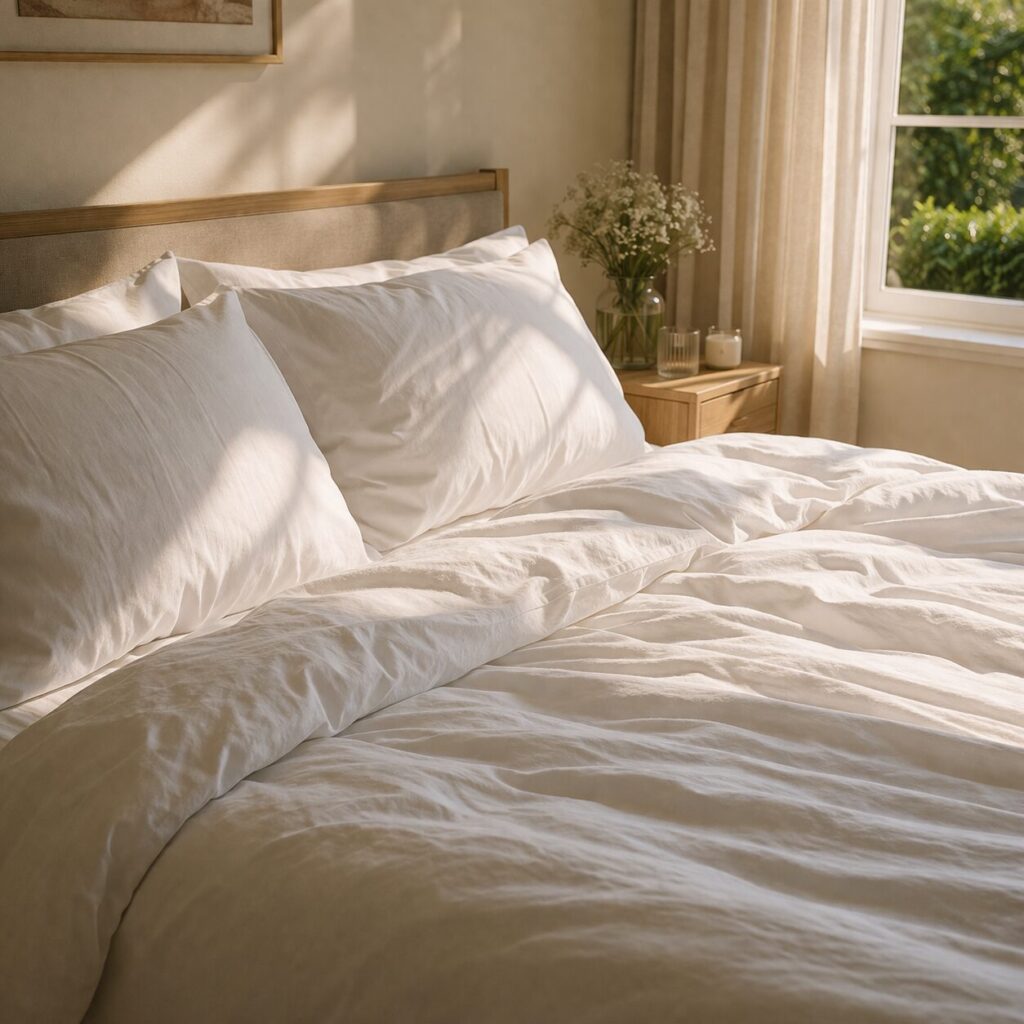 A sunlit bedroom with a neatly made bed featuring white bed linen and pillows. A wooden bedside table with flowers, candles, and a window with sheer curtains are visible in the background.