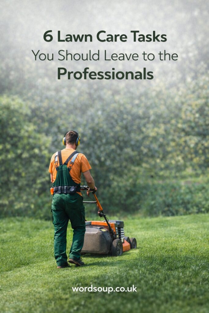 A person in green overalls and ear defenders mows a grassy lawn with a push mower. Text above reads, 6 Lawn Care Tasks You Should Leave to the Professionals. Website wordsoup.co.uk is at the bottom.